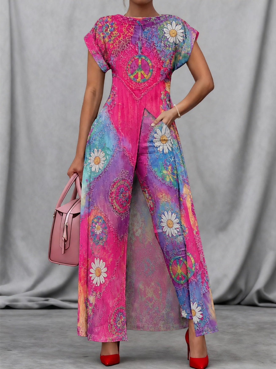 Retro Style Art Print Vintage Long Split Shirts Dress Skinny Pants Two-Piece Set